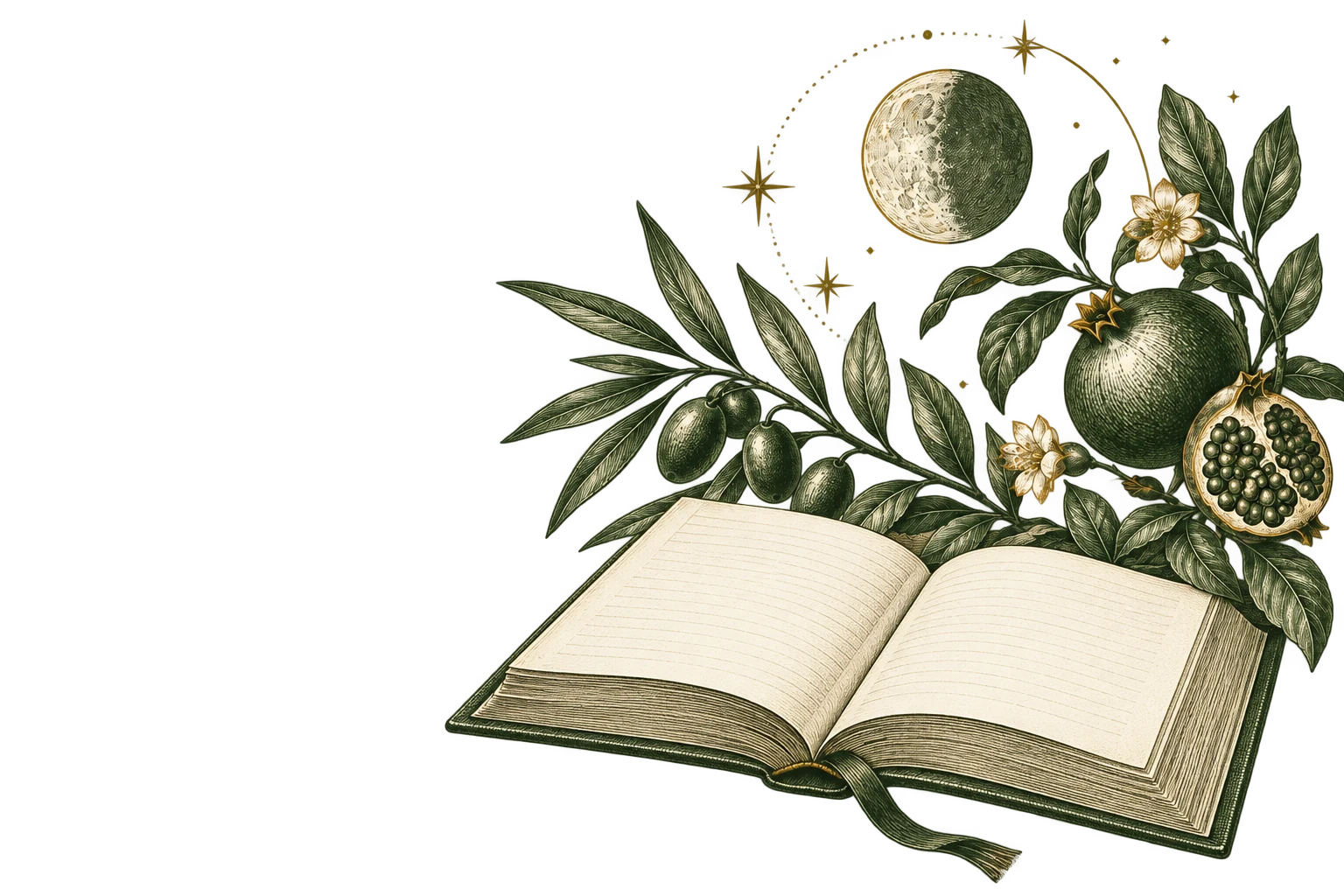 An illustrated book with olive branches, pomegranate and a celestial motif.