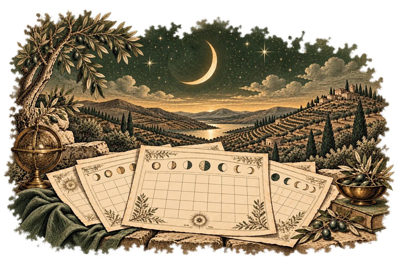 Pages de calendrier vierges près d’un croissant de lune et de collines au crépuscule.