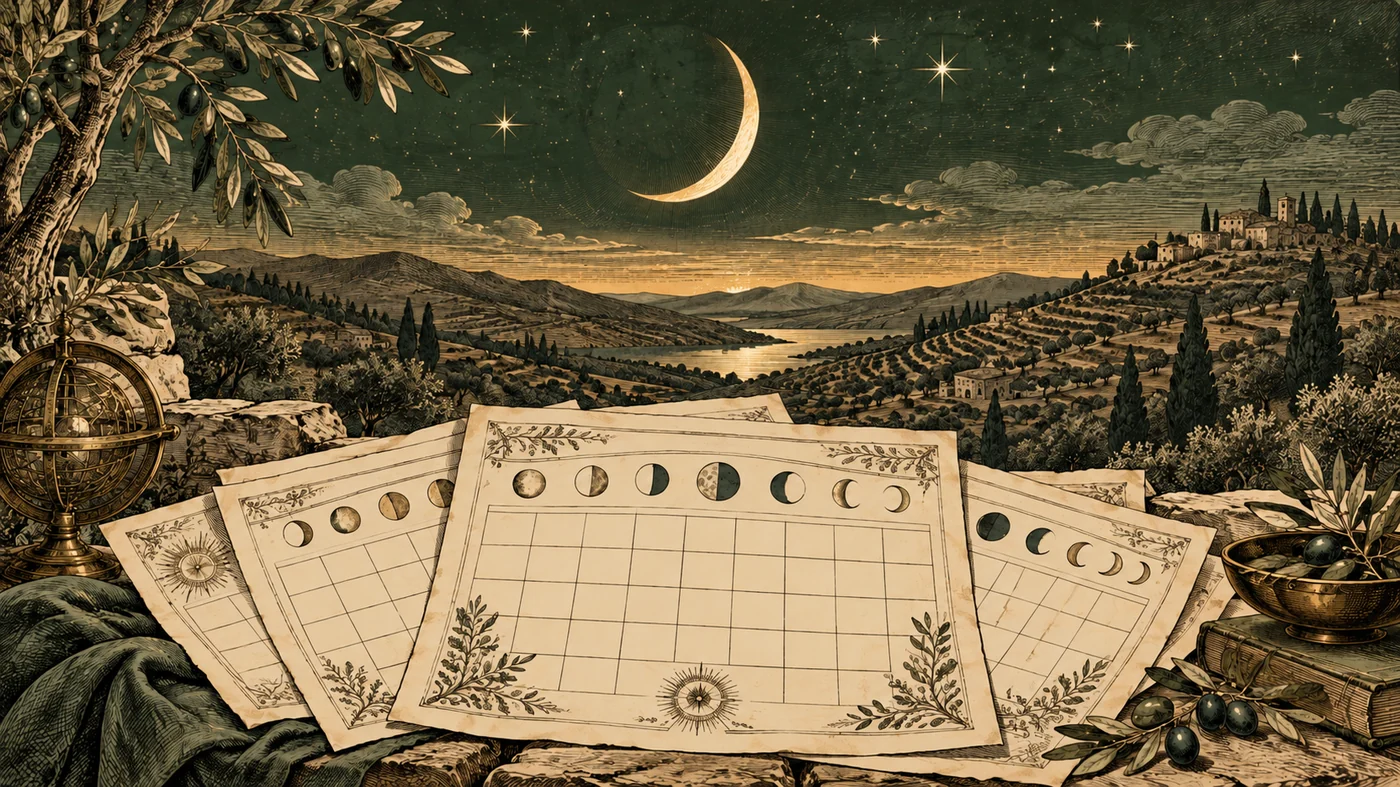 Blank calendar pages beside a crescent moon and hills at dusk.