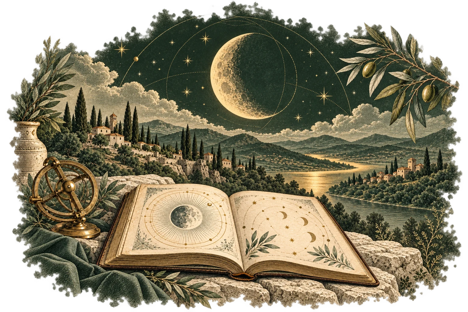 An engraved moonlit landscape with an open book, olive branches and a golden crescent moon.