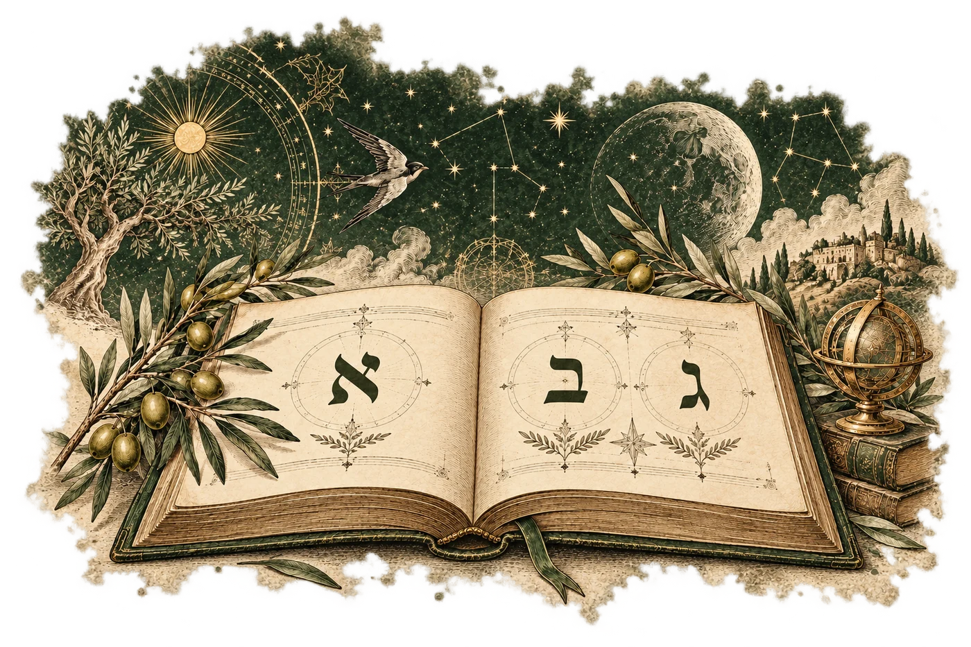 Un livre ancien ouvert, avec des lettres hébraïques et des motifs célestes et végétaux.