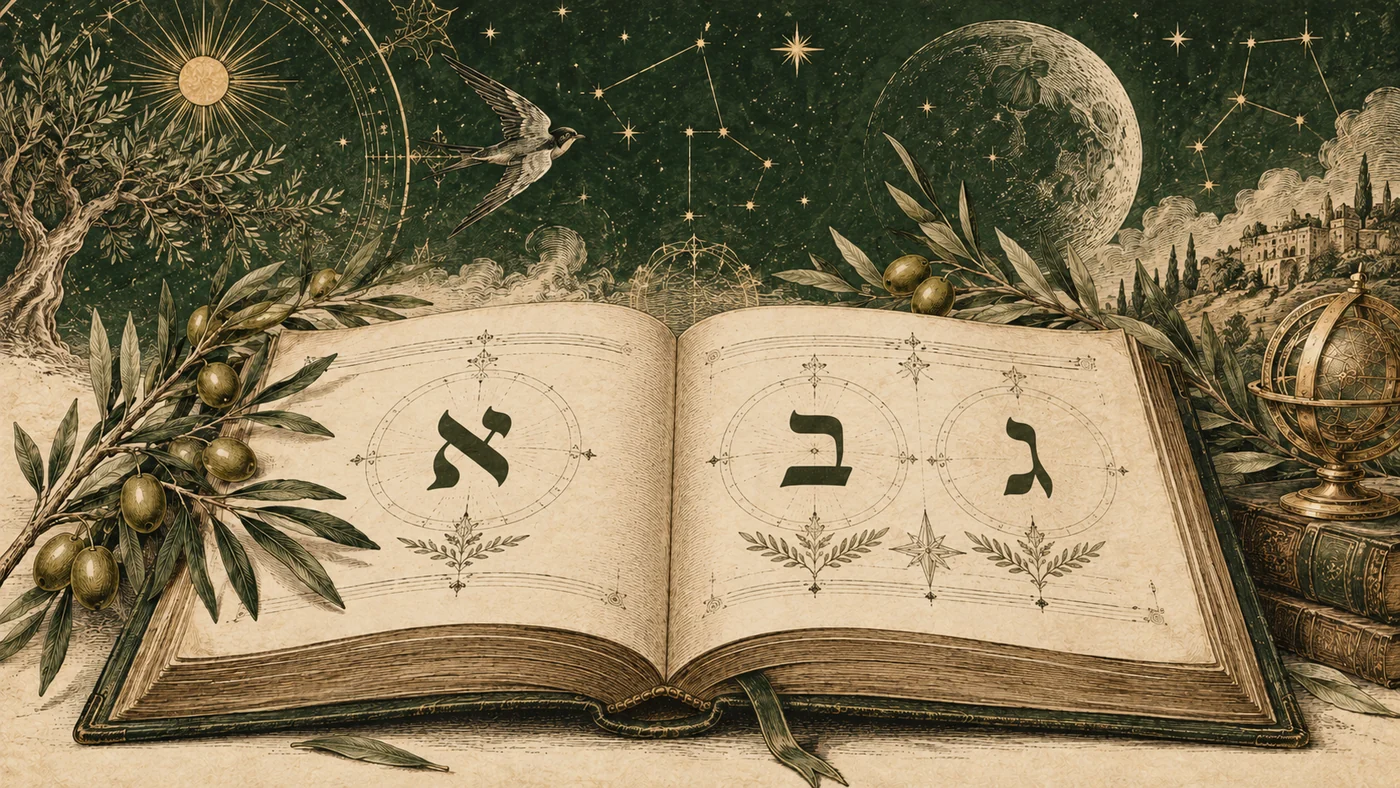 An open book with Hebrew lettering and botanical and celestial illustrations.
