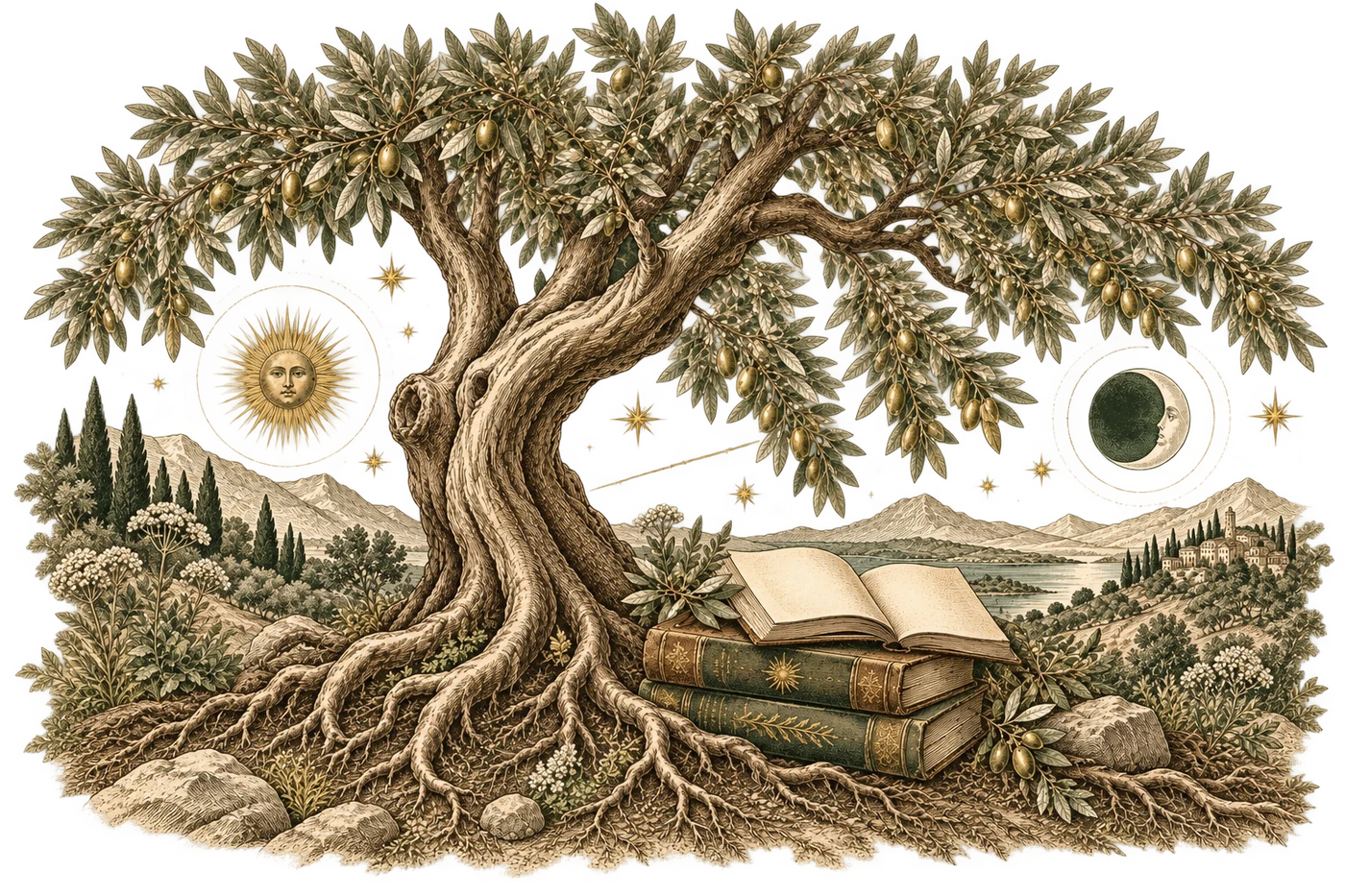 Des ouvrages d’étude près de branches d’olivier et de doux motifs célestes.