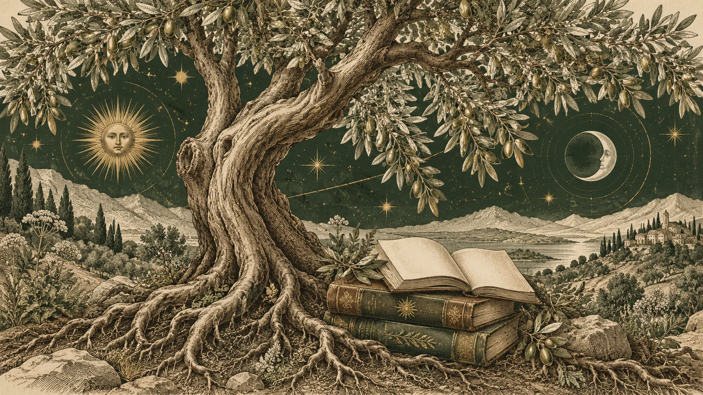 A group of scholarly books beside olive branches and soft celestial motifs.