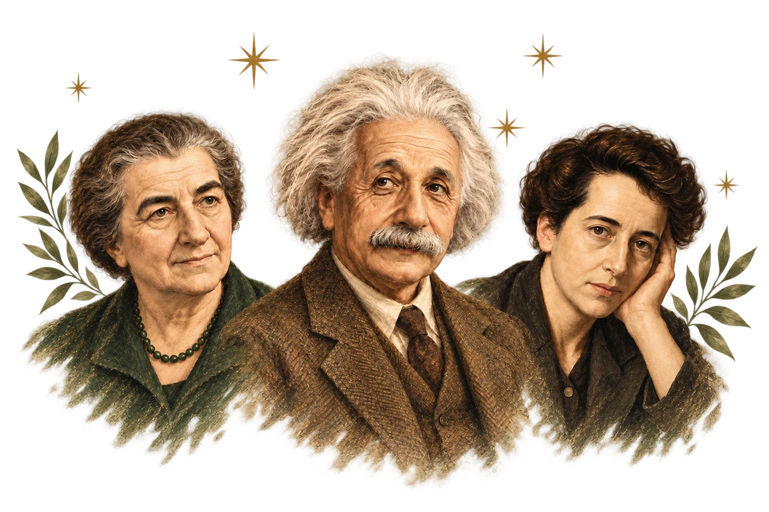 Illustrated collage of Golda Meir, Albert Einstein and Hannah Arendt.