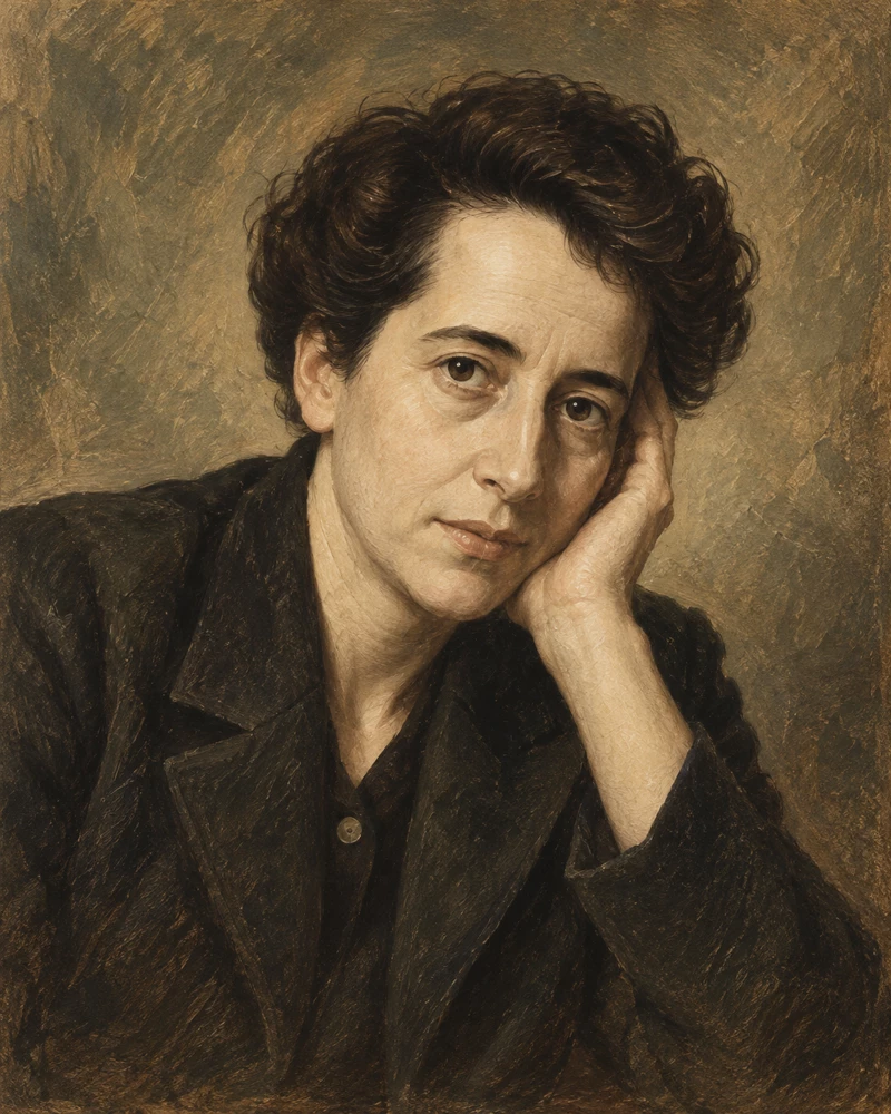 Hannah Arendt · AI-created editorial illustration, not an archival photograph.