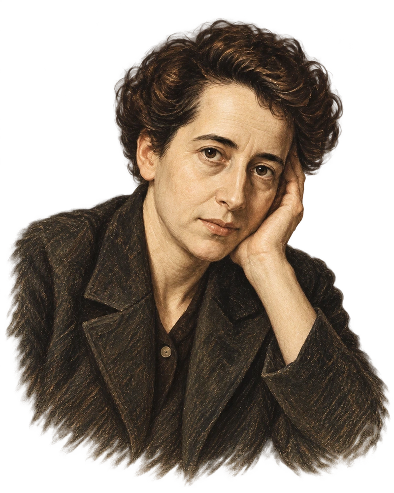 Hannah Arendt · Illustration éditoriale créée par IA, et non photographie d’archives.