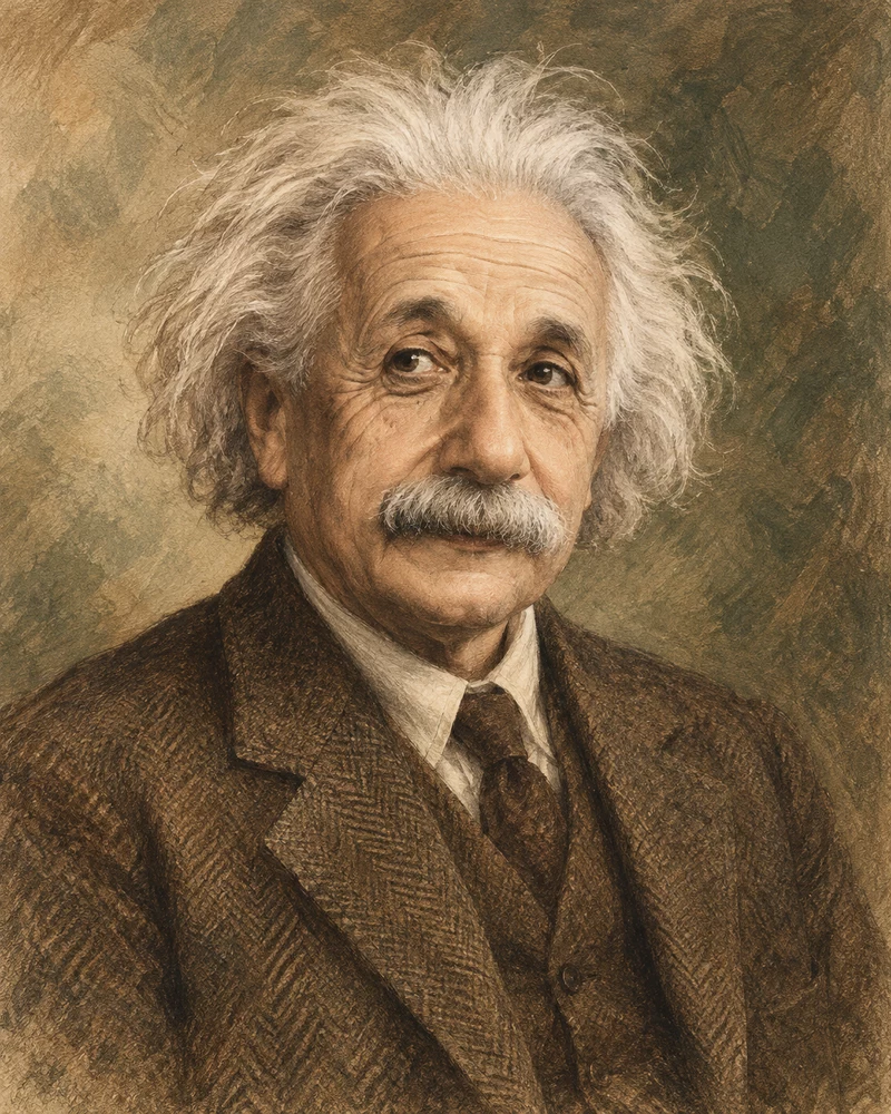 Albert Einstein · AI-created editorial illustration, not an archival photograph.
